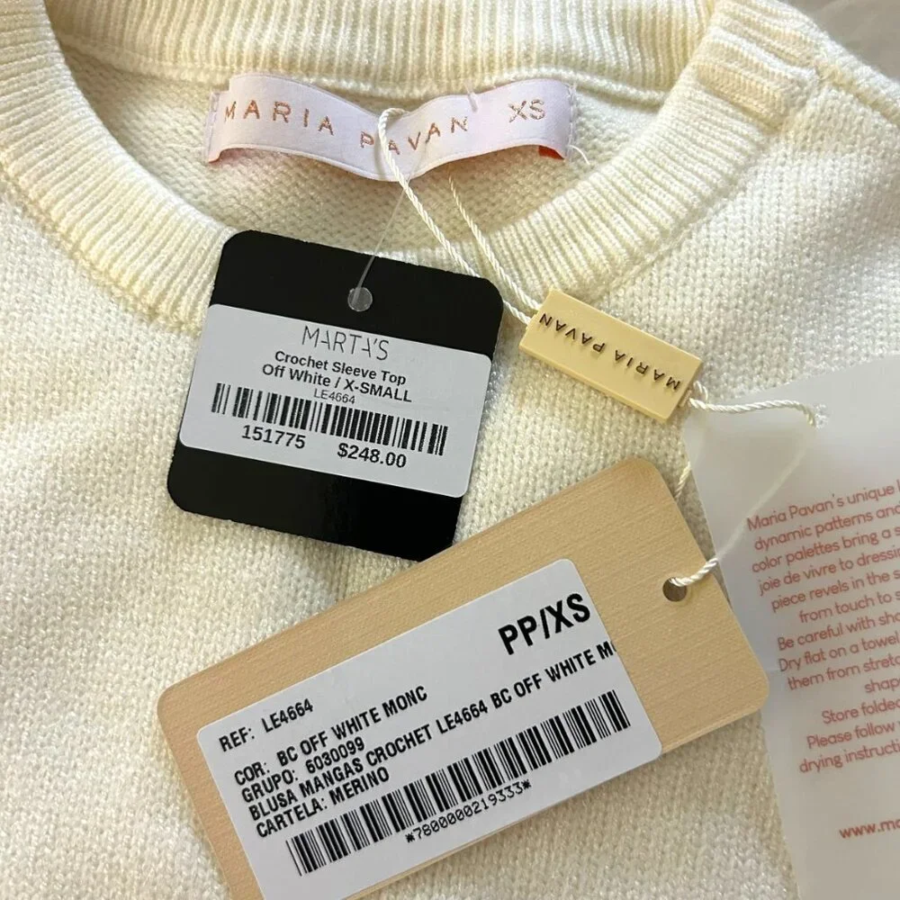 NWT Crochet Sleeve Off White Cream Knit Top Sz XS